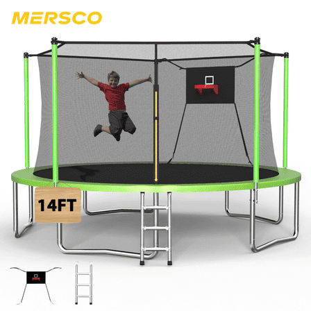 Mersco 14ft Trampoline for Kids and Adults, Outdoor Trampolines with Basketball Hoop and Enclosure Net, Jumping Trampoline for Boys and Girls Birthday Gift, Green