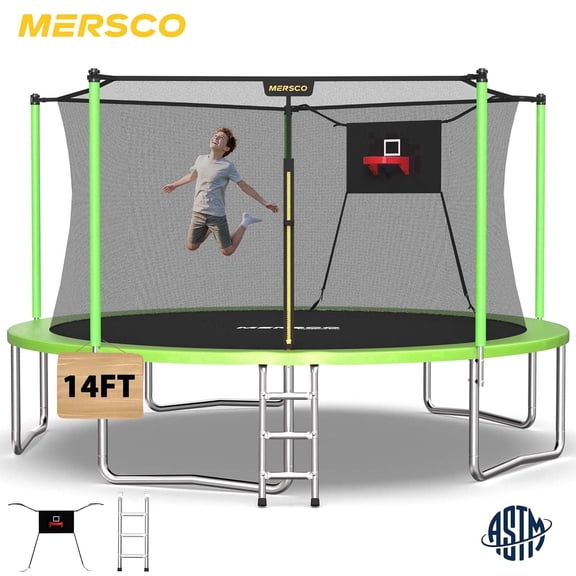 Mersco 14ft Trampoline for Kids and Adults, Outdoor Trampolines with Basketball Hoop and Enclosure Net, Heavy Duty Jumping Trampoline PLAY for Indoor Outdoor Boys and Girls Birthday Gift, Green