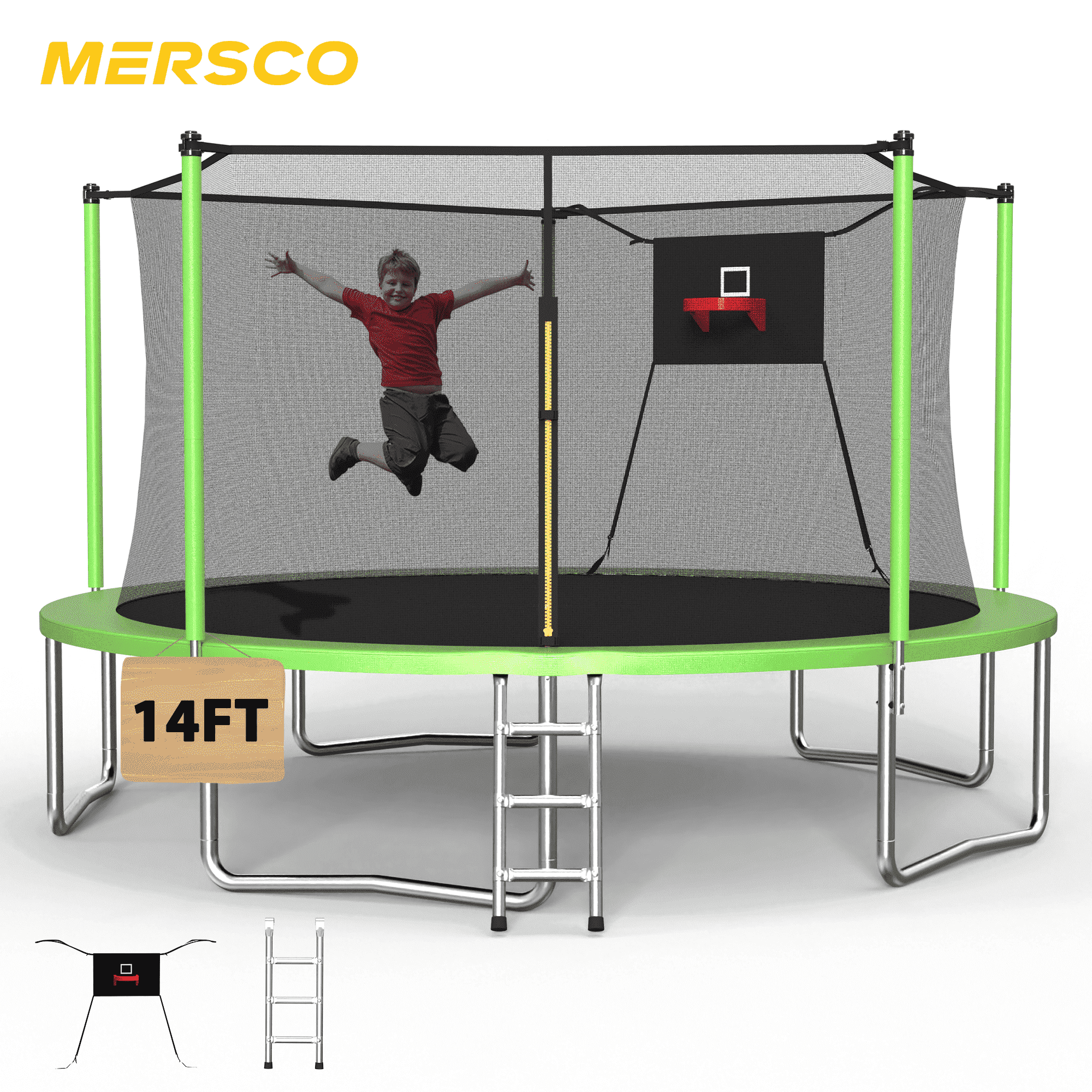 Mersco 14ft Trampoline for Kids and Adults, Outdoor Trampolines with Basketball Hoop and Enclosure Net, Heavy Duty Jumping Trampoline PLAY for Indoor Outdoor Boys and Girls Birthday Gift, Green