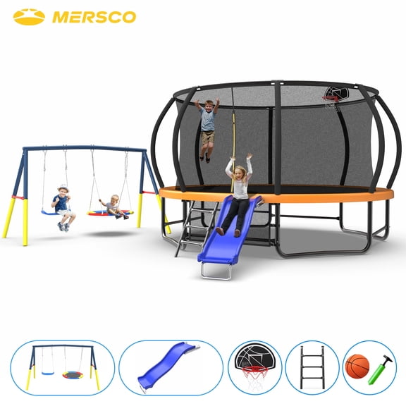 Mersco 14FT Heavy Duty Trampoline with Enclosure Net , Slide ,Swing Set Outdoor Trampoline for Backyard,Kids Trampoline with Basketball Hoop,Birthday and Holiday Gifts for Kids,Orange