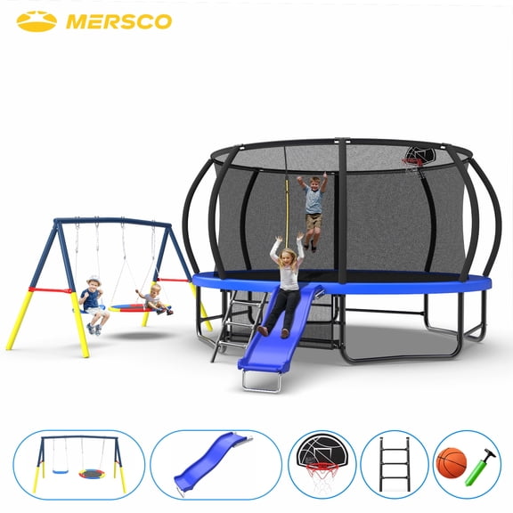 Mersco 14FT Heavy Duty Trampoline with Enclosure Net ,Slide ,Swing Set Outdoor Trampoline for Backyard,Kids Trampoline with Basketball Hoop,Birthday and Holiday Gifts for Kids,Blue