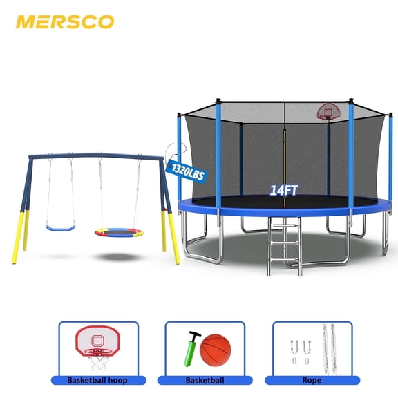 Mersco 14FT Heavy Duty Trampoline with Enclosure Net , Swing Set Outdoor Big Trampoline for Backyard,Kids Trampoline with Basketball Hoop,Birthday and Holiday Gifts for Kids,Blue