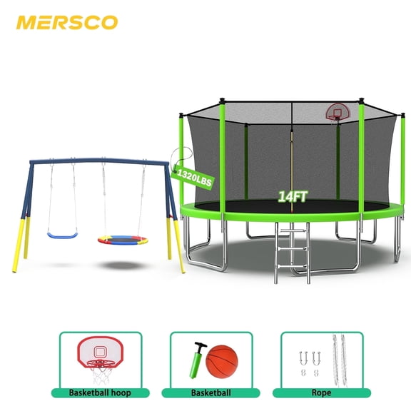 Mersco 14FT Heavy Duty Trampoline with Enclosure Net ,Swing Set Outdoor Big Trampoline for Backyard,Kids Trampoline with Basketball Hoop,Birthday and Holiday Gifts for Kids,Green