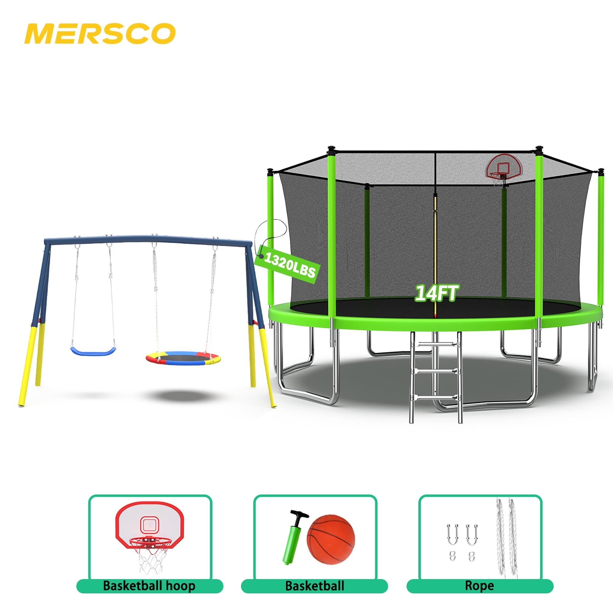 Mersco 14ft Heavy Duty Outdoor Trampoline for Kids Backyard Trampoline with Basketball Hoop and Enclosure Net Loading 1320 lbs Blue