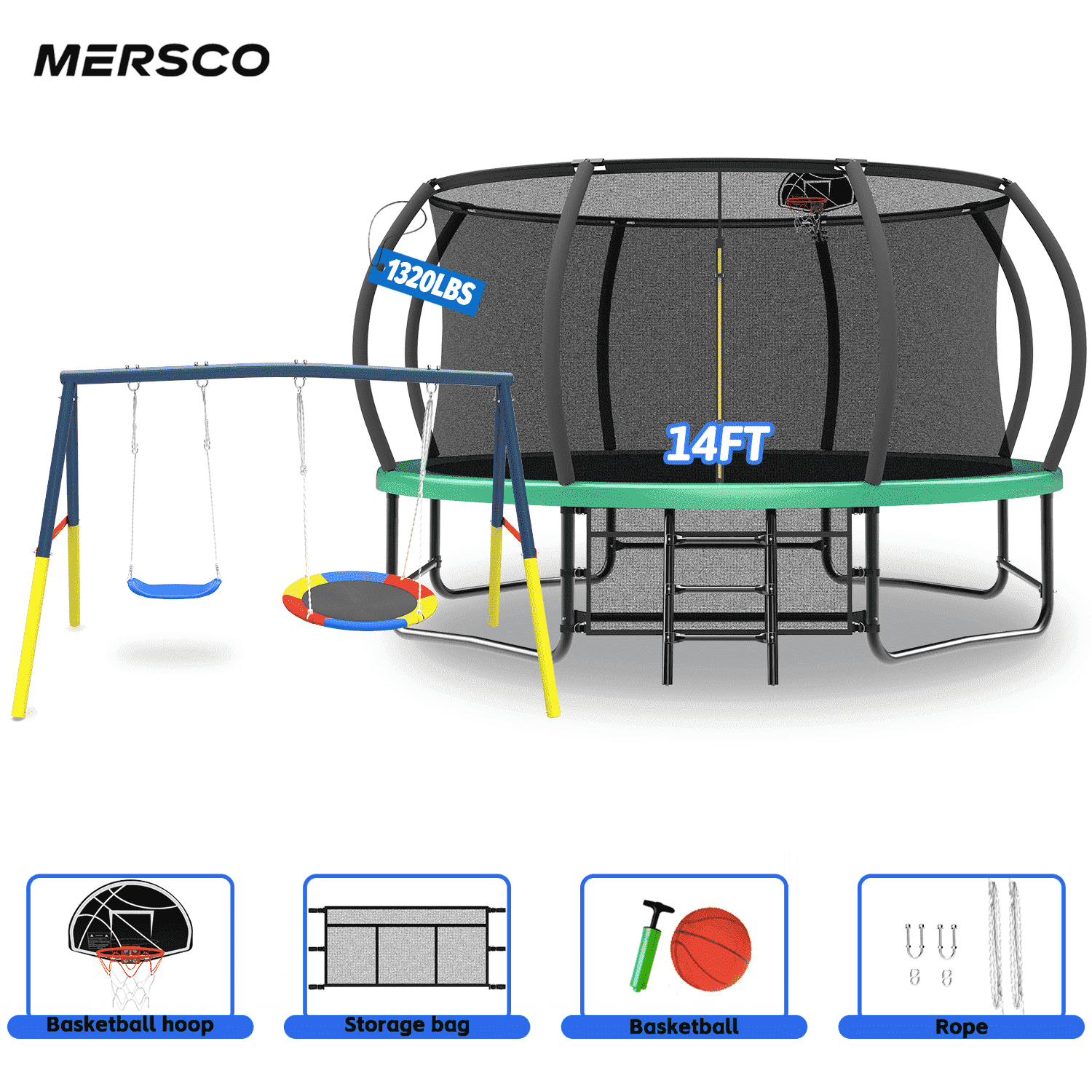 Mersco 14ft Heavy Duty Outdoor Trampoline for Kids Backyard Trampoline with Basketball Hoop and Enclosure Net Loading 1320 lbs Blue