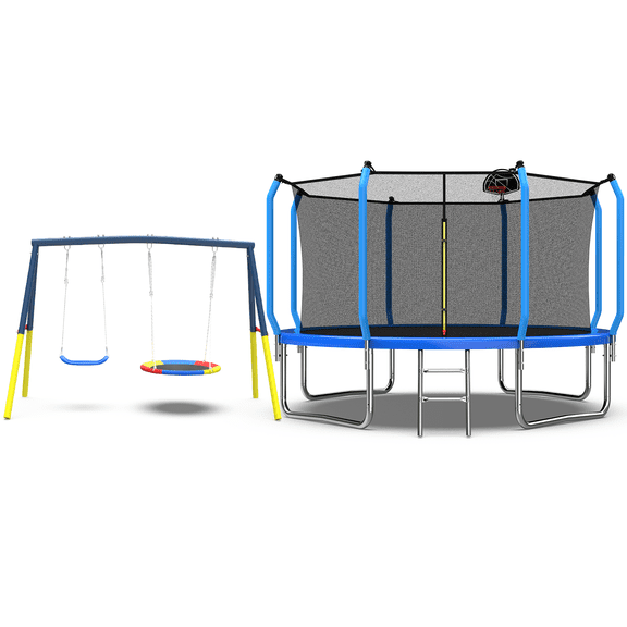 Mersco 14FT Heavy Duty Trampoline with Enclosure Net & Swing Set Outdoor Big Trampoline for Backyard,Kids Trampoline with Basketball Hoop,Birthday & Holiday Gifts for Kids,Blue