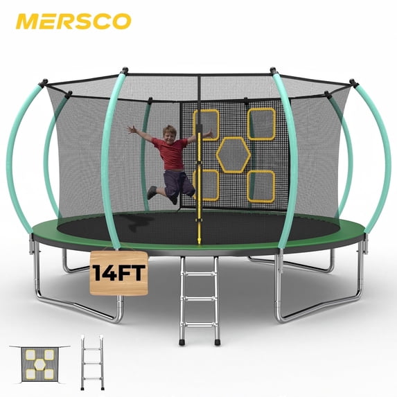 Mersco 14FT Kids Trampoline, ASTM Certified Heavy Duty Outdoor Trampoline with Safety Enclosure Net and Ladder for Backyard Family Fun, Pumpkin Trampoline SPACE