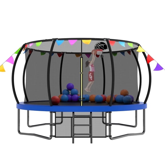 Mersco 14FT Trampoline Outdoor with Ladder, Flags and Balloons, Heavy Duty Rebounder Trampoline for Kids with Enclosure Net, Basketball Hoop, Blue