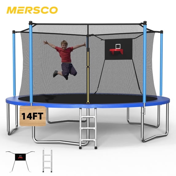 Mersco 14ft Trampoline Upgraded for Kids and Adults, Backyard Trampoline with Basketball Hoop and Enclosure,Jumping Trampoline for Boys and Girls Birthday Gift, Blue