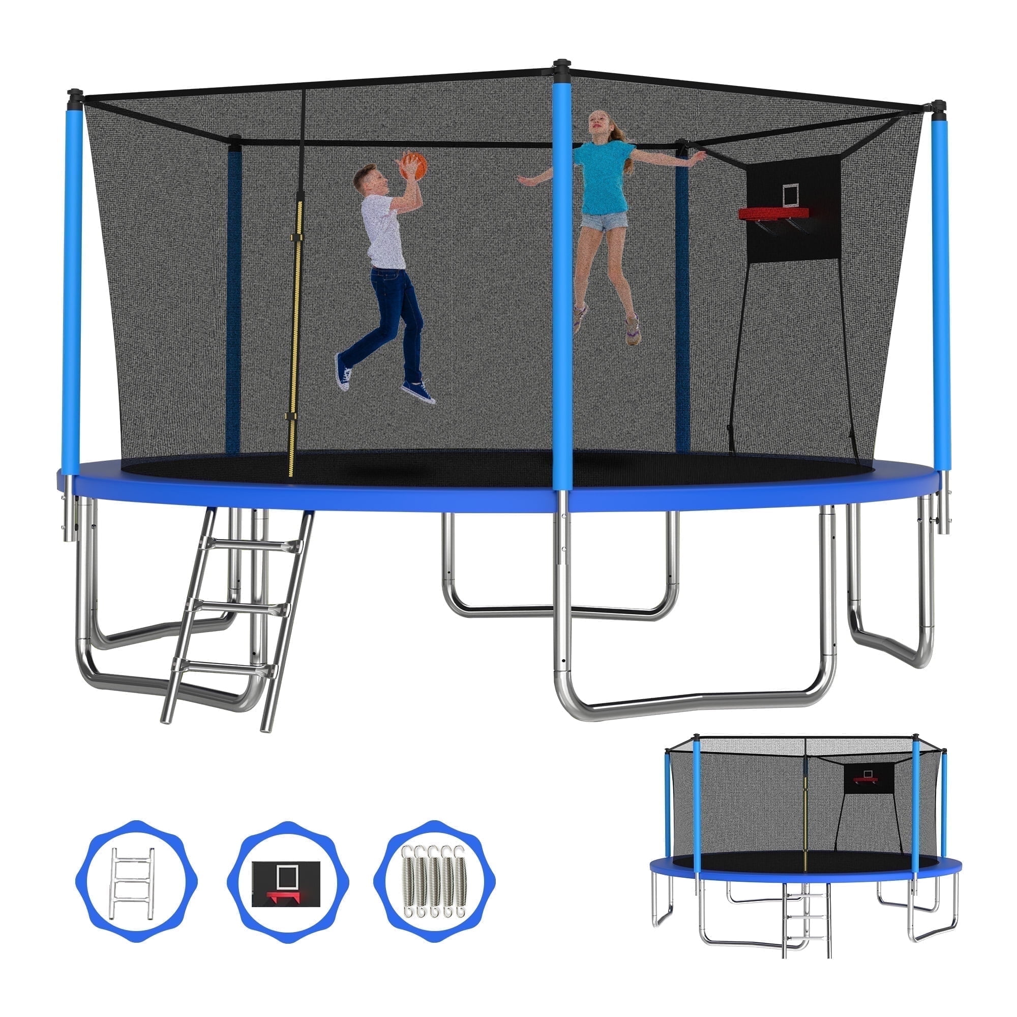 Mersco 14ft Trampoline Upgraded for Kids and Adults, Backyard Trampoline with Basketball Hoop and Enclosure, Loading 1320 lbs, Blue
