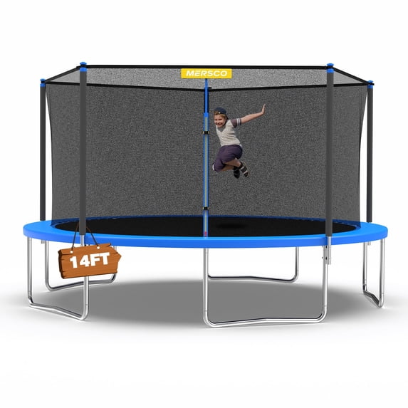 Mersco 14ft Trampoline PLAY Heavy Duty Outdoor Trampoline for Kids and Adults, Backyard Trampoline with Enclosure Net for Family Fun,Jumping Trampoline for Boys and Girls Birthday Gift ,Blue