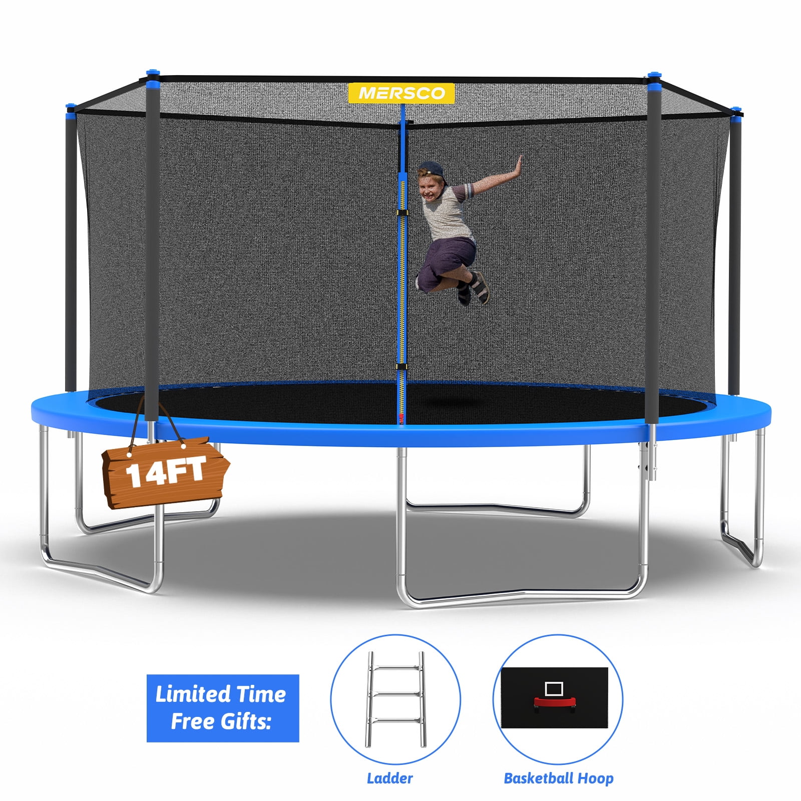 Mersco 14ft Heavy Duty Outdoor Trampoline for Kids Backyard Trampoline with Basketball Hoop and Enclosure Net Loading 1320 lbs Blue