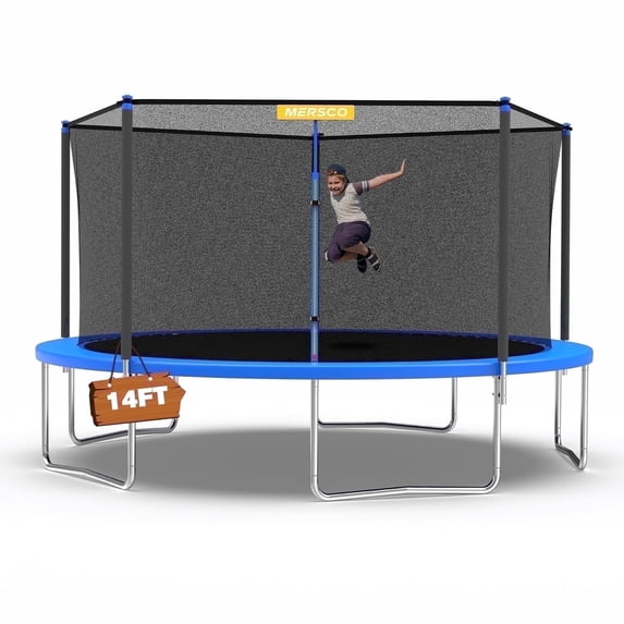 Mersco 14ft Trampoline Heavy Duty Outdoor Trampoline PLAY for Kids and Adults, Backyard Trampoline with Enclosure Net for Family Fun,Jumping Trampoline for Boys and Girls Birthday Gift ,Blue