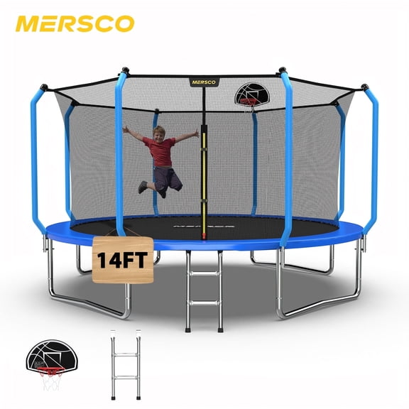 Mersco 14ft Outdoor SUPER Trampoline with Basketball Hoop, Enclosure Net ,Ladder ,Jumping Trampoline for Kids and Adults, Children's Home Trampoline , Backyard Birthday Gift, Blue