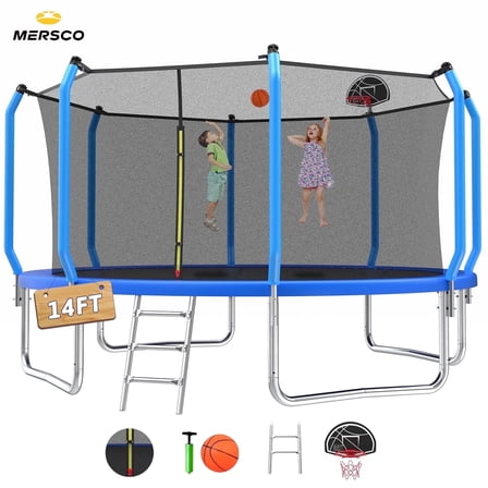 Mersco 14ft Outdoor Trampoline with Basketball Hoop, Enclosure Net ,Ladder ,Jumping Trampoline for Kids and Adults, Children's Home Trampoline , Backyard Birthday Gift, Blue