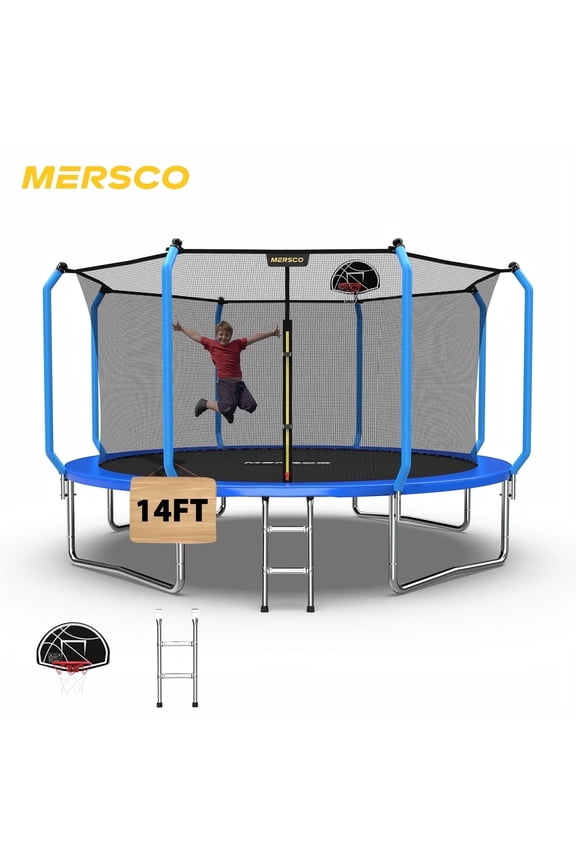 14ft Trampoline for Kids and Adults,No-Gap Design Outdoor Trampoline with Basketball Hoop,Enclosure Net and Ladder,Jumping Trampoline SUPER for Boys and Girls Birthday Gift,Blue