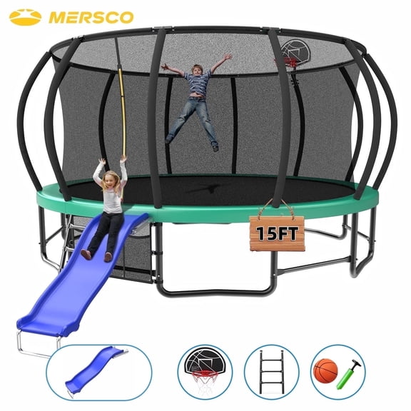 Mersco 15FT Heavy Duty Trampoline with Enclosure Net , Slide Outdoor Big Trampoline for Backyard,Kids Trampoline with Basketball Hoop,Birthday and Holiday Gifts for Kids,Green