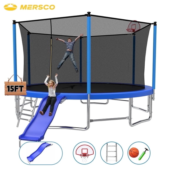 Mersco 15FT Heavy Duty Trampoline with Enclosure Net , Slide Outdoor Big Trampoline for Backyard,Kids Trampoline with Basketball Hoop,Birthday and Holiday Gifts for Kids,Blue
