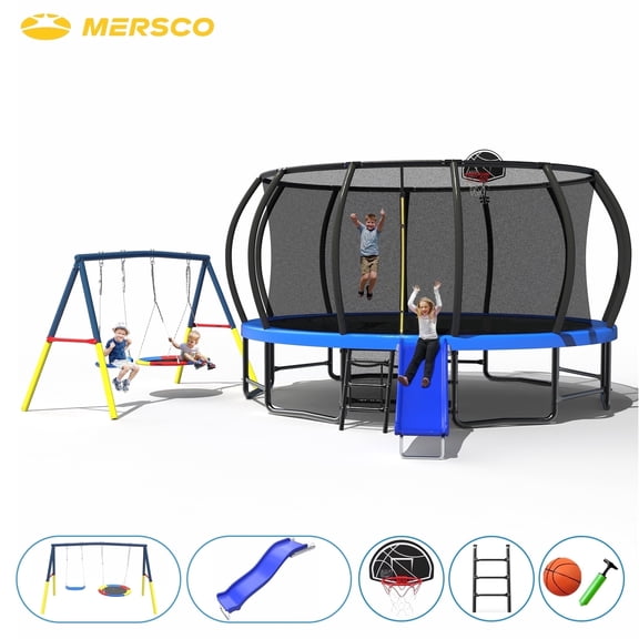 Mersco 15FT Heavy Duty Trampoline with Enclosure Net ,Slide ,Swing Set Outdoor Trampoline for Backyard,Kids Trampoline with Basketball Hoop,Birthday and Holiday Gifts for Kids,Blue