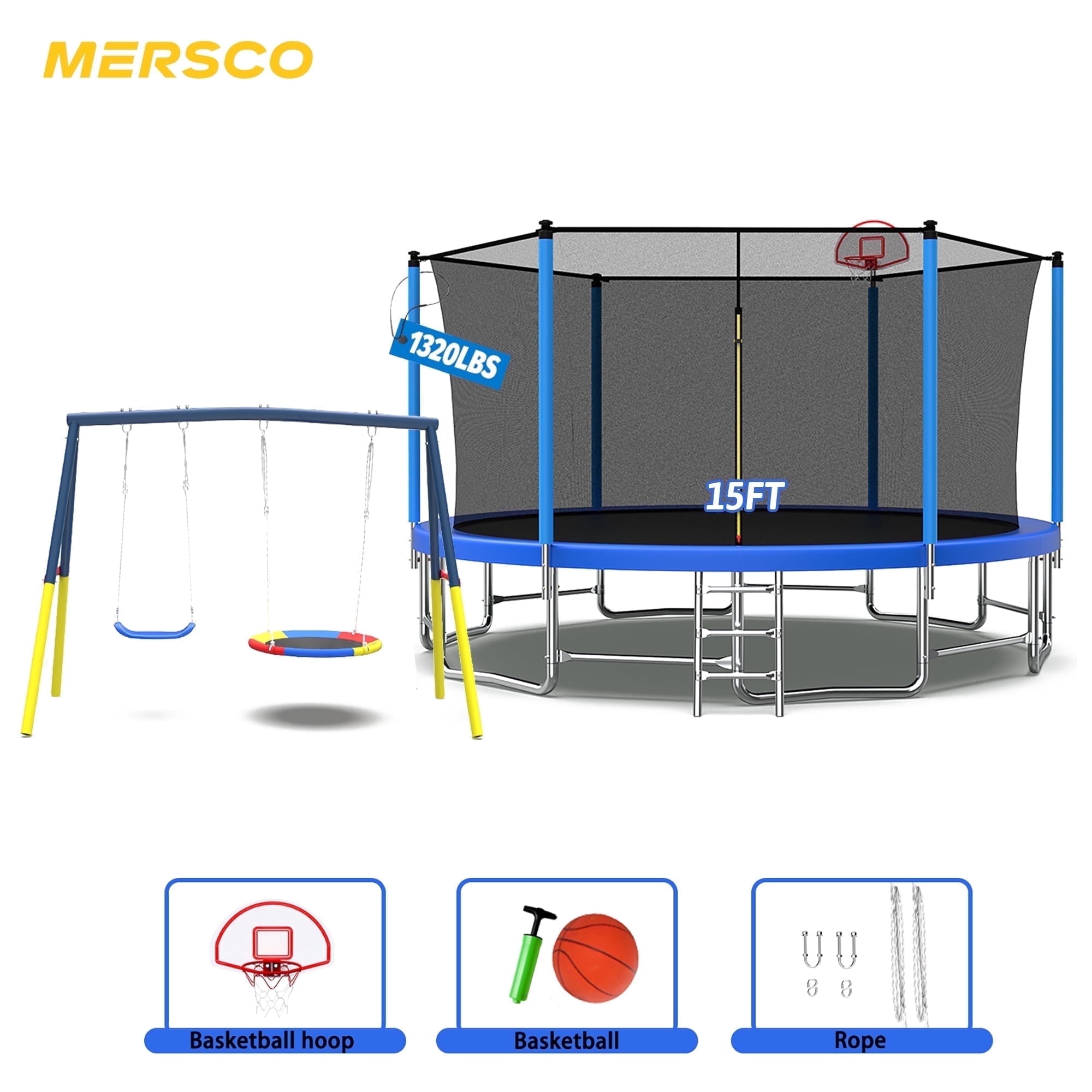Mersco 15FT Heavy Duty Trampoline with Enclosure Net ,Swing Set Outdoor Big Trampoline for Backyard,Kids Trampoline with Basketball Hoop,Birthday and Holiday Gifts for Kids Jumping Trampoline,Blue