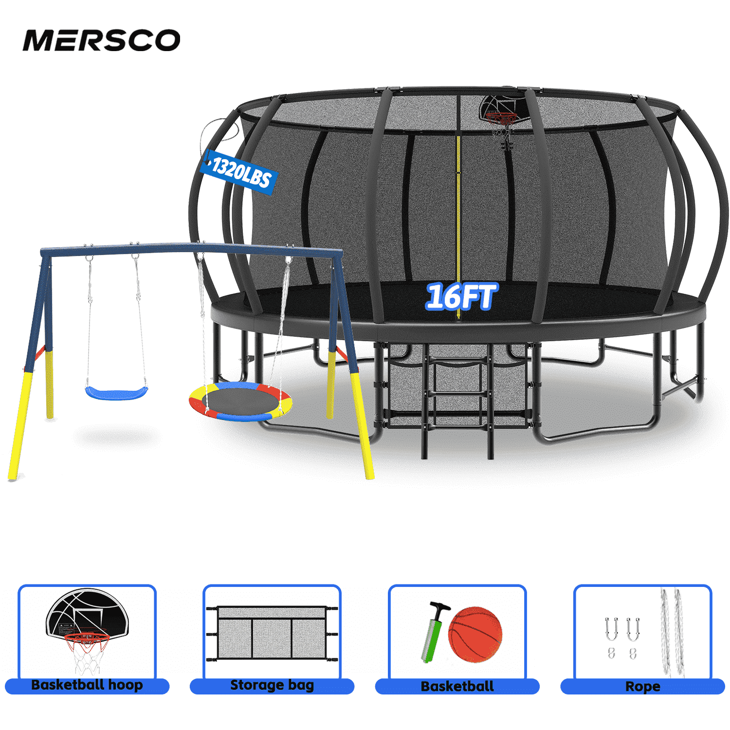 Mersco 16FT Heavy Duty  Outdoor Trampoline with Enclosure Net and Swing Set for Backyard,with Basketball Hoop, Kids Birthday and Festival Gifts,Black
