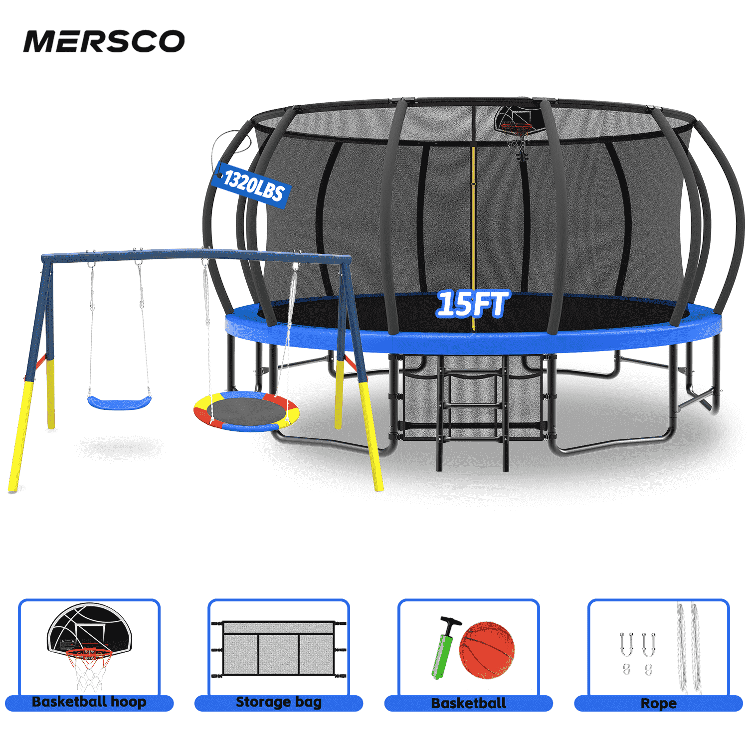Mersco 15FT Heavy Duty Trampoline with Enclosure Net ,Swing Set Outdoor Big Trampoline for Backyard, Kids Trampoline with Basketball Hoop, Kids Birthday and Festival Gifts,Blue