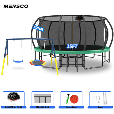 Mersco 15FT Heavy Duty Trampoline with Enclosure Net & Swing Set Outdoor Big Trampoline for Backyard, Kids Trampoline with Basketball Hoop, 1320LBS Capacity (Green)