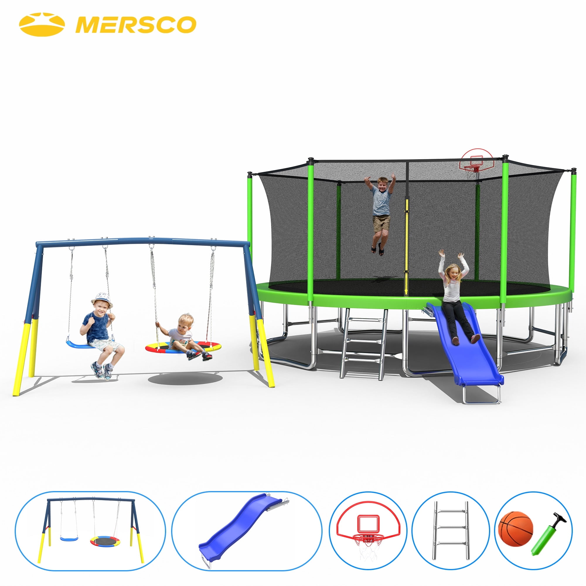 Mersco 15FT Heavy Duty Trampoline Outdoor for Backyard, with Enclosure Net , Slide and Swing Set , with Basketball Hoop,Birthday and Holiday Gifts ,Green