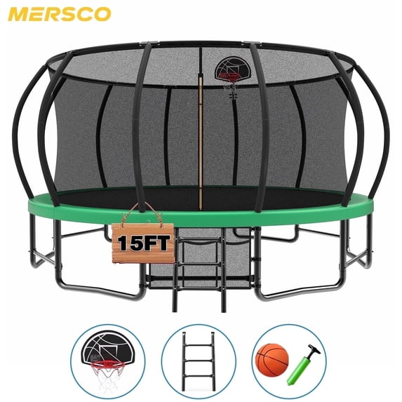 Mersco 15ft Trampoline for Kids Adults,Outdoor Pumpkin Trampoline with Basketball Hoop,Enclosure Net,Jumping Trampoline SPACE for Boys and Girls Birthday and Festival Gifts,Green