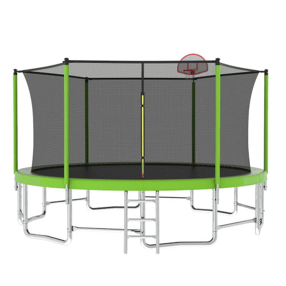 15FT Green Round Trampoline with Enclosure and Basketball Hoop