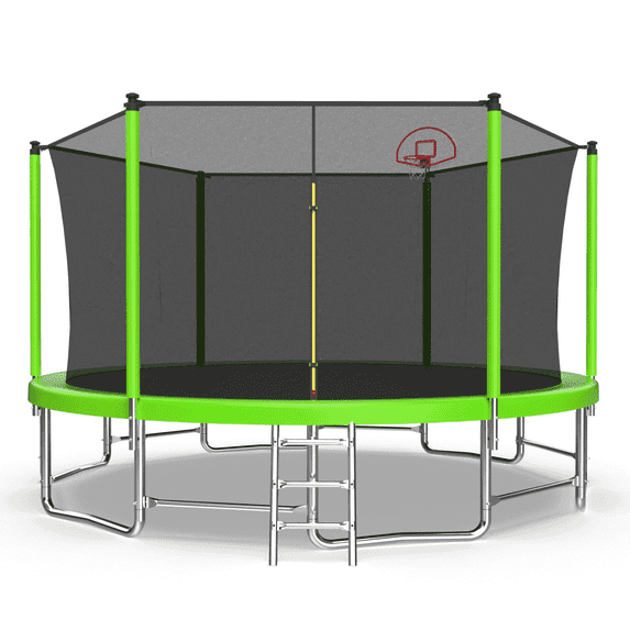 Mersco 16ft Trampoline Outdoor with Enclosure,Basketball Hoop,Basketball and Ladder,Upright-Poled Backyard Recreational Trampoline,Boys and Girls Birthday Gift,Green
