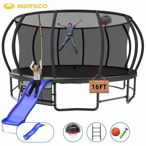 Mersco 16FT Heavy Duty Trampoline with Enclosure Net , Slide Outdoor Big Trampoline for Backyard,Kids Trampoline with Basketball Hoop,Birthday and Holiday Gifts for Kids,Black