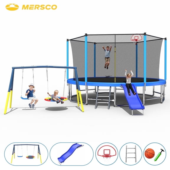Mersco 16FT Heavy Duty Trampoline with Enclosure Net , Slide ,Swing Set Outdoor Trampoline for Backyard,Kids Trampoline with Basketball Hoop,Birthday and Holiday Gifts for Kids,Blue