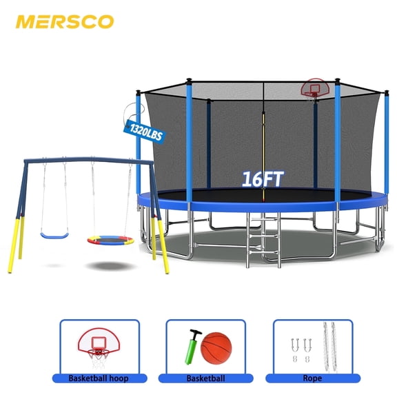 Mersco 16FT Heavy Duty Trampoline with Enclosure Net , Swing Set Outdoor Big Trampoline for Backyard,Kids Trampoline with Basketball Hoop,Birthday and Holiday Gifts for Kids,Blue