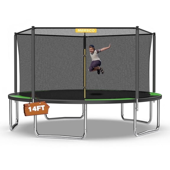 Mersco 14ft Trampoline PLAY Heavy Duty Outdoor Trampoline for Kids, Backyard Trampoline with Enclosure Net for Family Fun,Jumping Trampoline for Boys and Girls Birthday Gift,Green