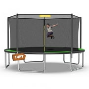 Mersco 8ft Trampoline for Kids and Adults,Outdoor Trampoline with Enclosure,BasketballHoop and Ladder,Upright-Poled Backyard Trampoline with Total Loading 960Lbs,Birthday Gifts,Green
