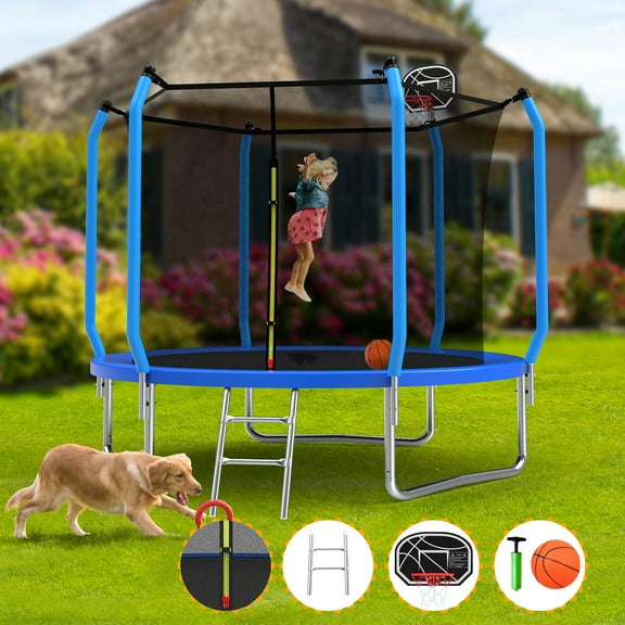 Mersco 8ft Trampoline for Kids Upgraded 960Lbs Trampoline Capacity for 3 Kids with Hoop & Enclosure Net Blue
