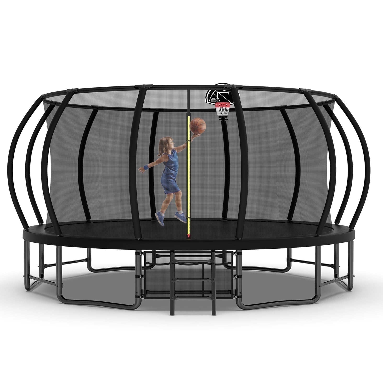 Mersco 10FT/12FT/14FT/15FT/16FT Trampoline for Kids Adults, Outdoor Pumpkin Trampoline with Enclosure Net, Basketball Hoop and Storage Bag,Black