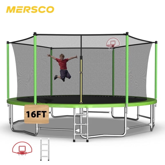Mersco 12FT/14FT/15FT/16FT Trampoline for Kids ,Outdoor Trampoline with Enclosure,Basketball Hoop and Ladder,Upright-Poled Backyard Trampoline,Jumping Trampoline PLAY for  Birthday Gift,Green