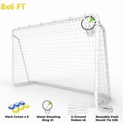 Mersco 16x7 / 12x6 / 8x6 FT Soccer Goal for Backyard,Heavy-Duty Metal Soccer Net with Metal Shooting Ring,Outdoor Soccer Goal Equipment Set with 6 Soccer Cones 
