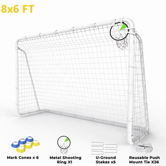 Mersco 8x6 FT Soccer Goal for Backyard, Heavy-Duty Metal Soccer Net, with Shooting Ring, Stakes & Cones, Soccer Training Equipment Set, Soccer Goal for Kids and Adults