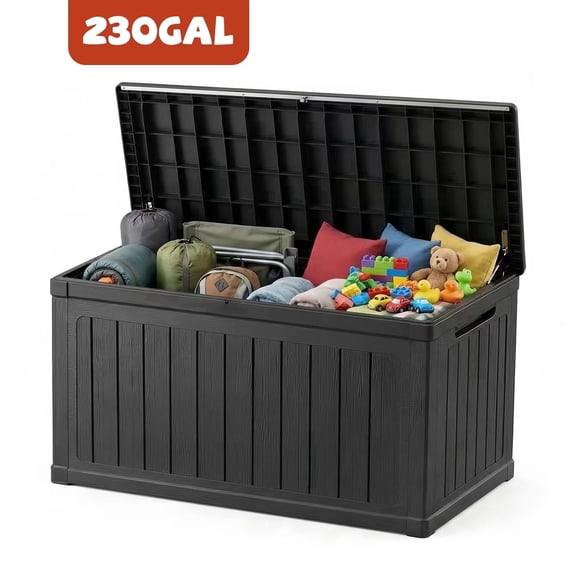 Mersco 230 Gallon Large Deck Box,Lockable Resin Outdoor Indoor Storage Box with Hundles,Waterproof UV Resistant Outside Deck Box for Patio Furniture Cushions, Pool Float,Garden Tool,Black