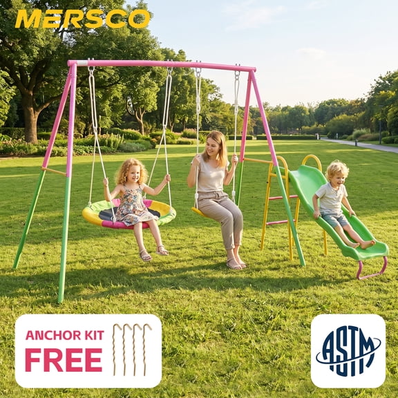 Mersco 3-in-1 Swing Set for Backyard with Slide, Swing Heavy Duty 440lbs Metal Outdoor Swing Stand, Contain 1 Saucer 32" and 1 Belt Seat 26.2" ,Slide for Playground, Backyard Playset