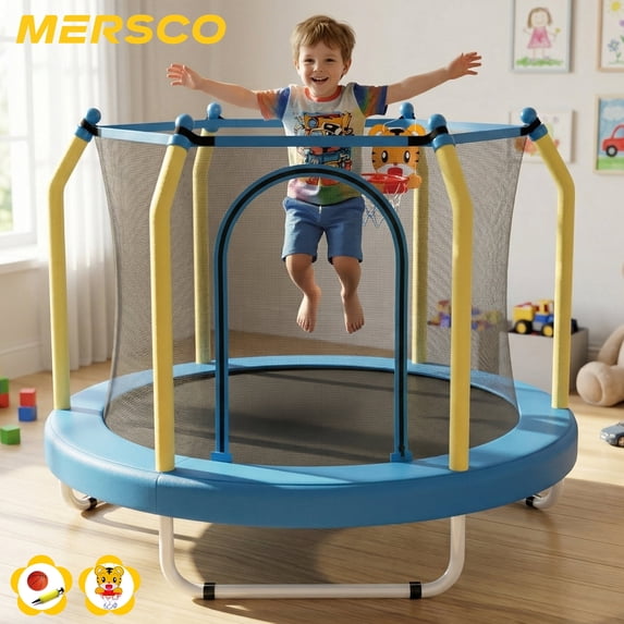 Mersco 55inch Kids Trampoline for Toddlers, Indoor and Outdor Toddler Trampoline with Safety Net, Mini Small Children Trampolines with Basketball Hoop,Baby Toys Gifts for Boys Girls, Birthday, Blue