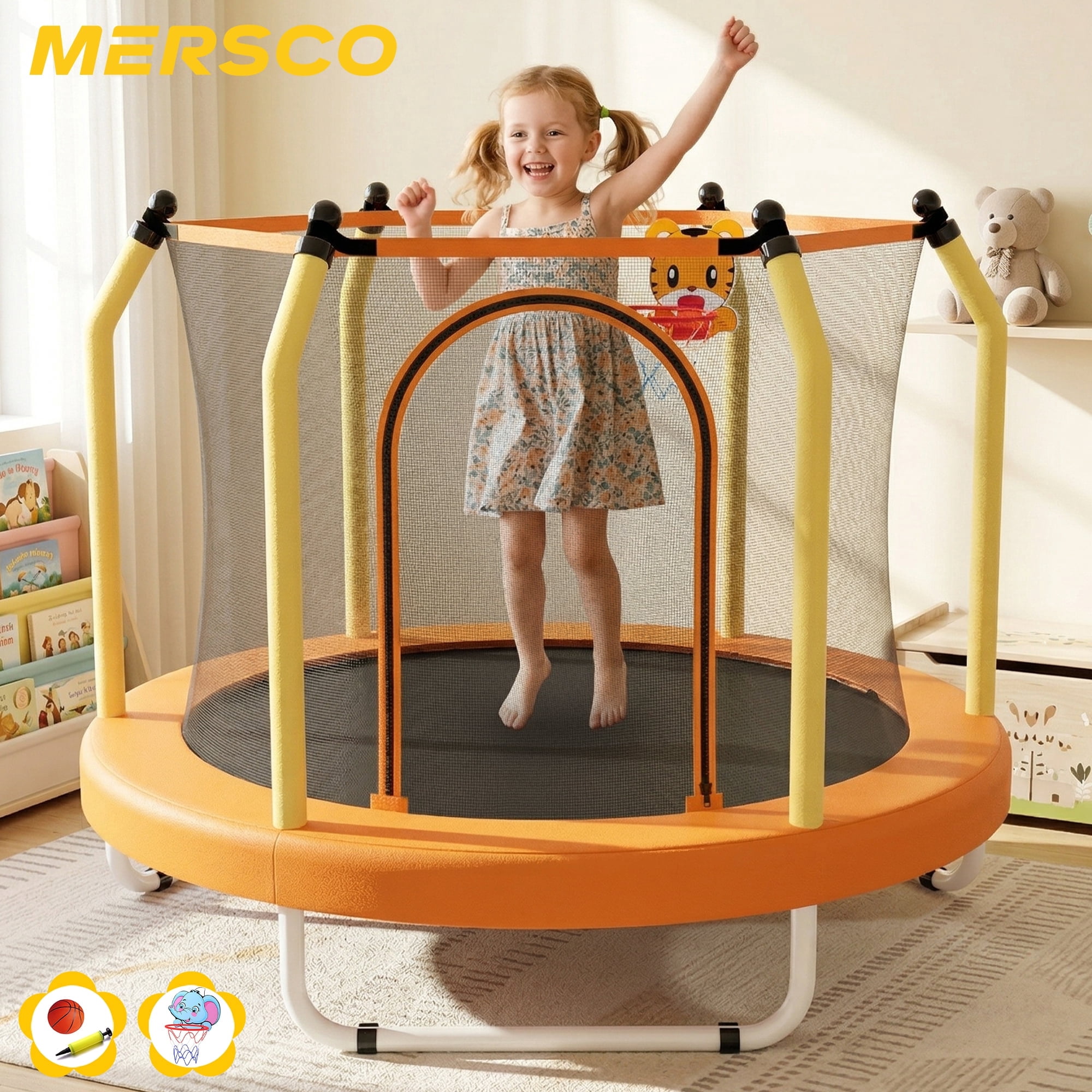 Mersco 55inch Kids Trampoline for Toddlers,Indoor and Outdor Trampoline with Safety Net, Mini Small Children Trampolines with Basketball  Hoop,Toddler Trampoline Birthday Gifts for Boys Girls, Orange
