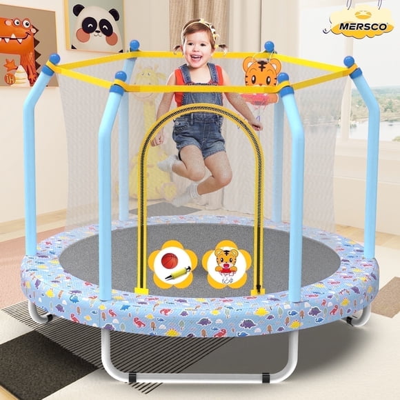 Mersco 55inch Toddler Trampoline, Mini Trampoline for Kids with Enclosure and Basketball Hoop, Birthday Gifts, Print