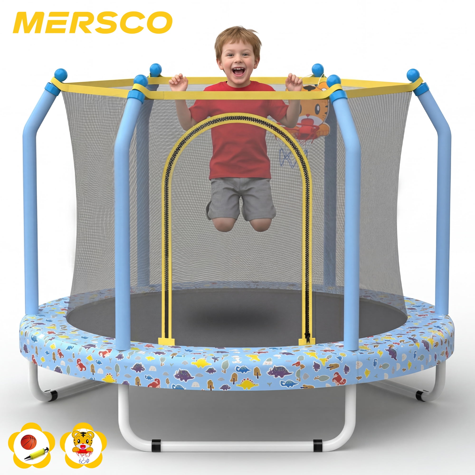 Mersco 55 inch Toddler Trampoline for Kids, Mini Trampoline with Enclosure Net and Ball ,Indoor Outdoor Small Kids Trampoline Birthday Gifts for Boys and Girls, Print