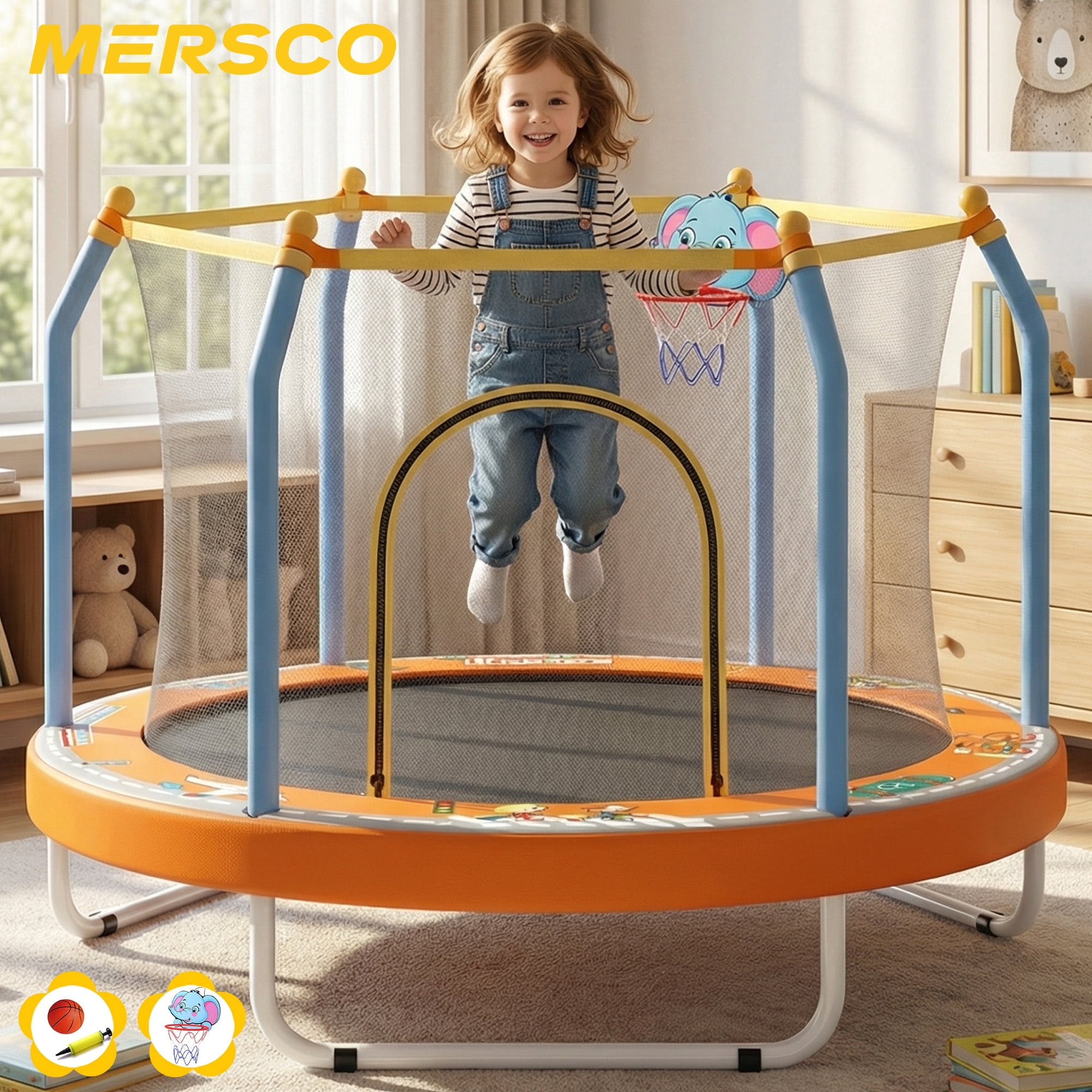 Mersco 55inch Kids Trampoline with Safety Enclosure Net, Indoor and Outdoor Toddler Trampoline with Basketball Hoop, Mini Trampoline for Baby BirthdayToys Gifts , Multicolor