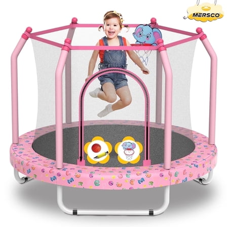 Mersco 55inch Toddler Trampoline, Mini Trampoline for Kids with Enclosure and Basketball Hoop, Birthday Gifts, Pink