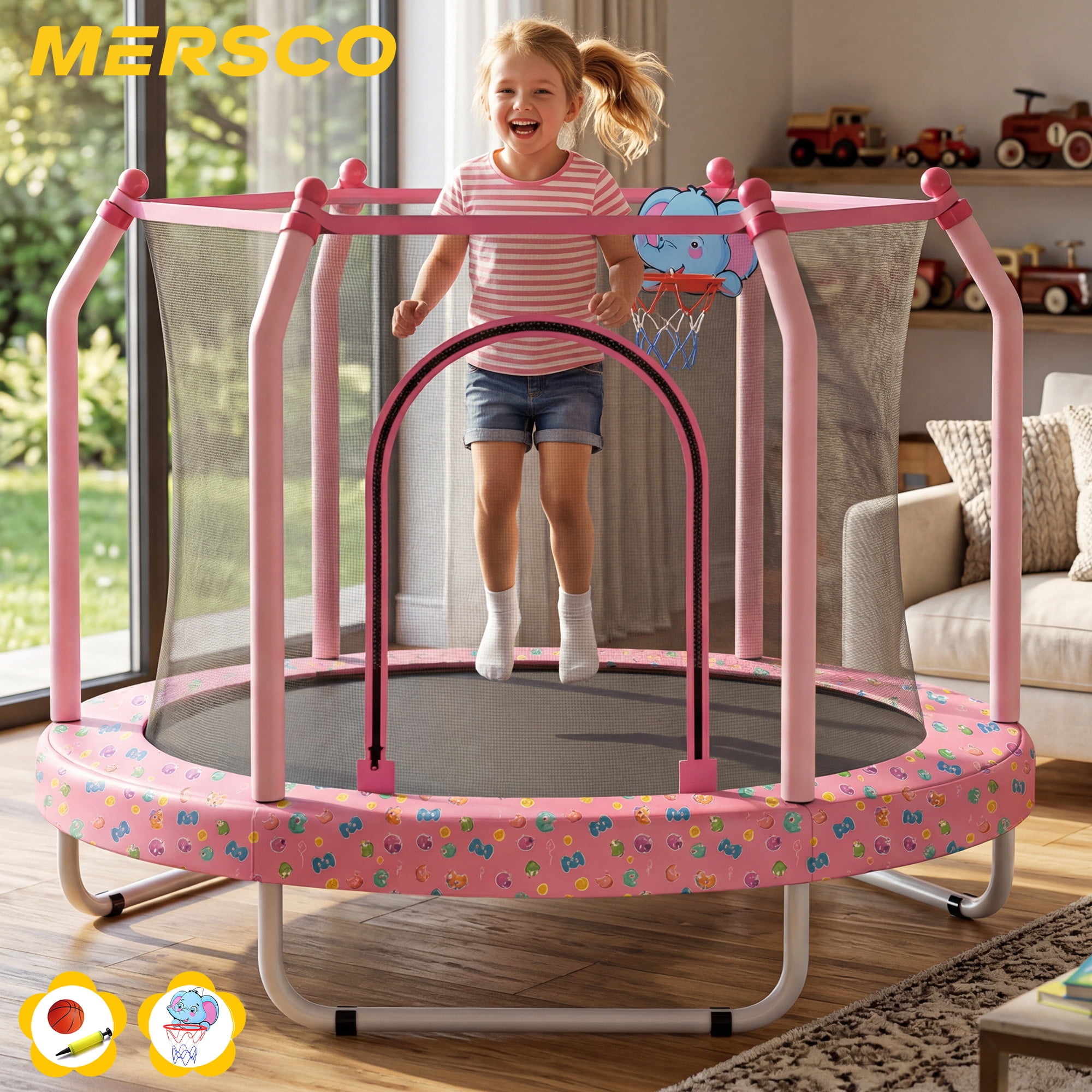 Mersco 55inch Toddler Trampoline, Mini Trampoline for Kids with Enclosure and Basketball Hoop,Indoor Outdoor Kids Trampoline Birthday Gifts, Pink